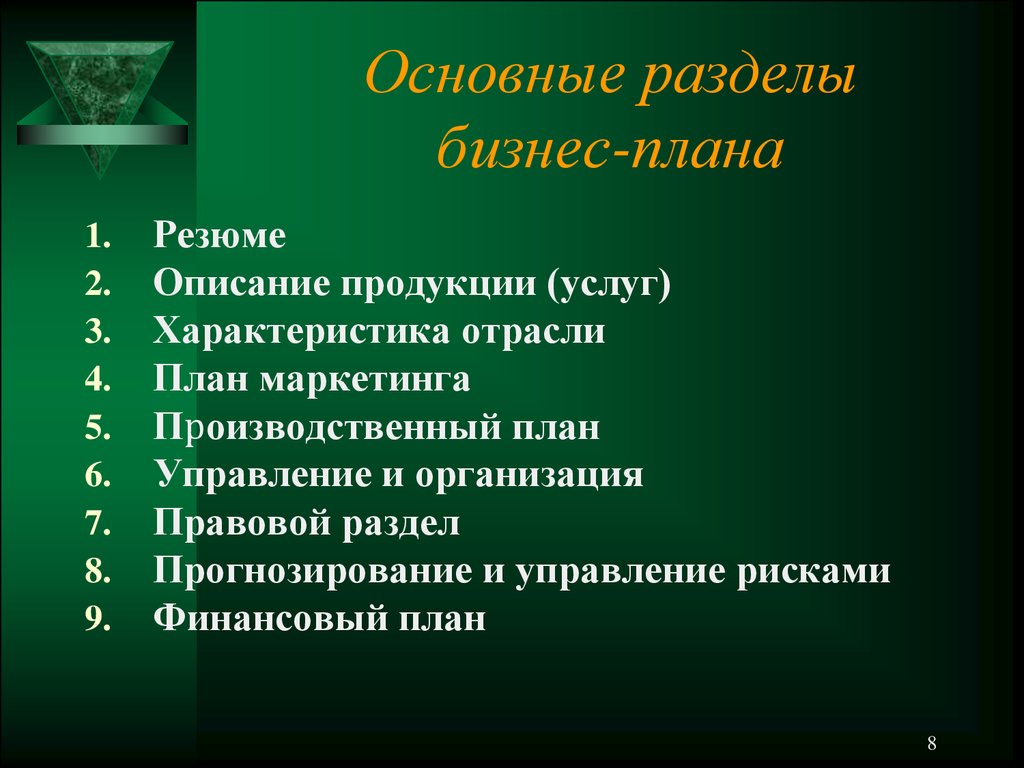 Основные разделы бизнес плана